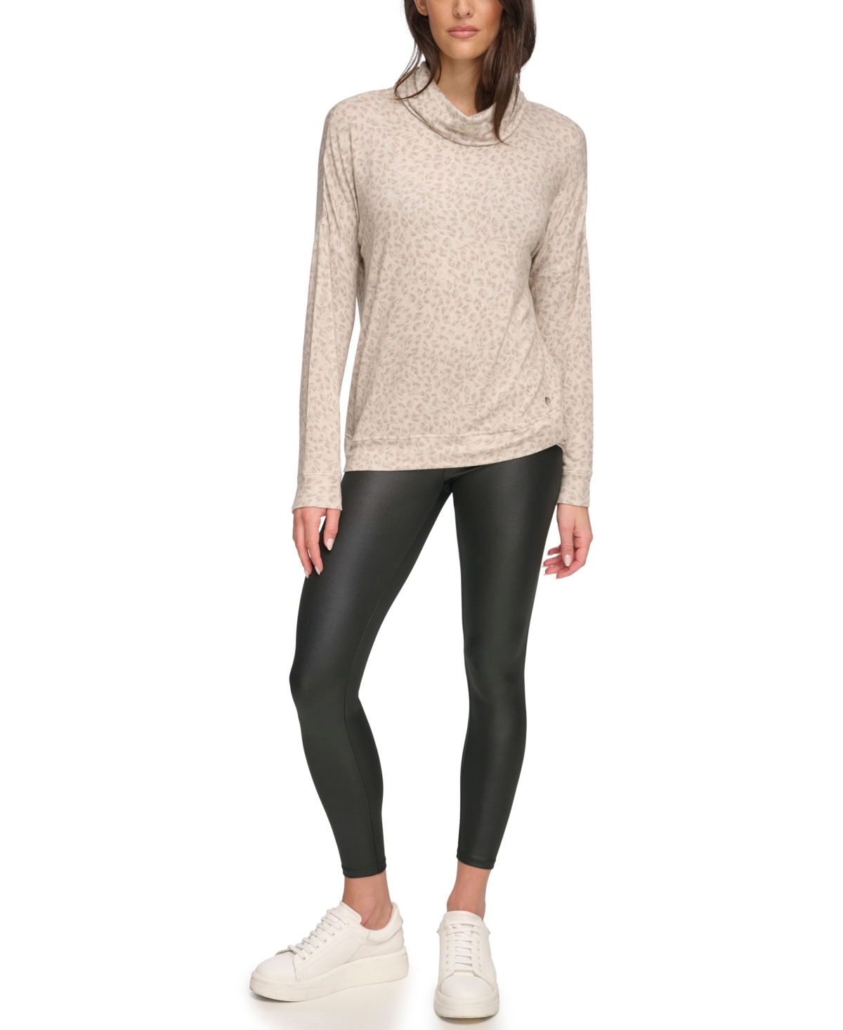 Andrew Marc Sport Women's Printed Cowlneck Drop-Shoulder Tunic Top - Twine Delicate Leopard