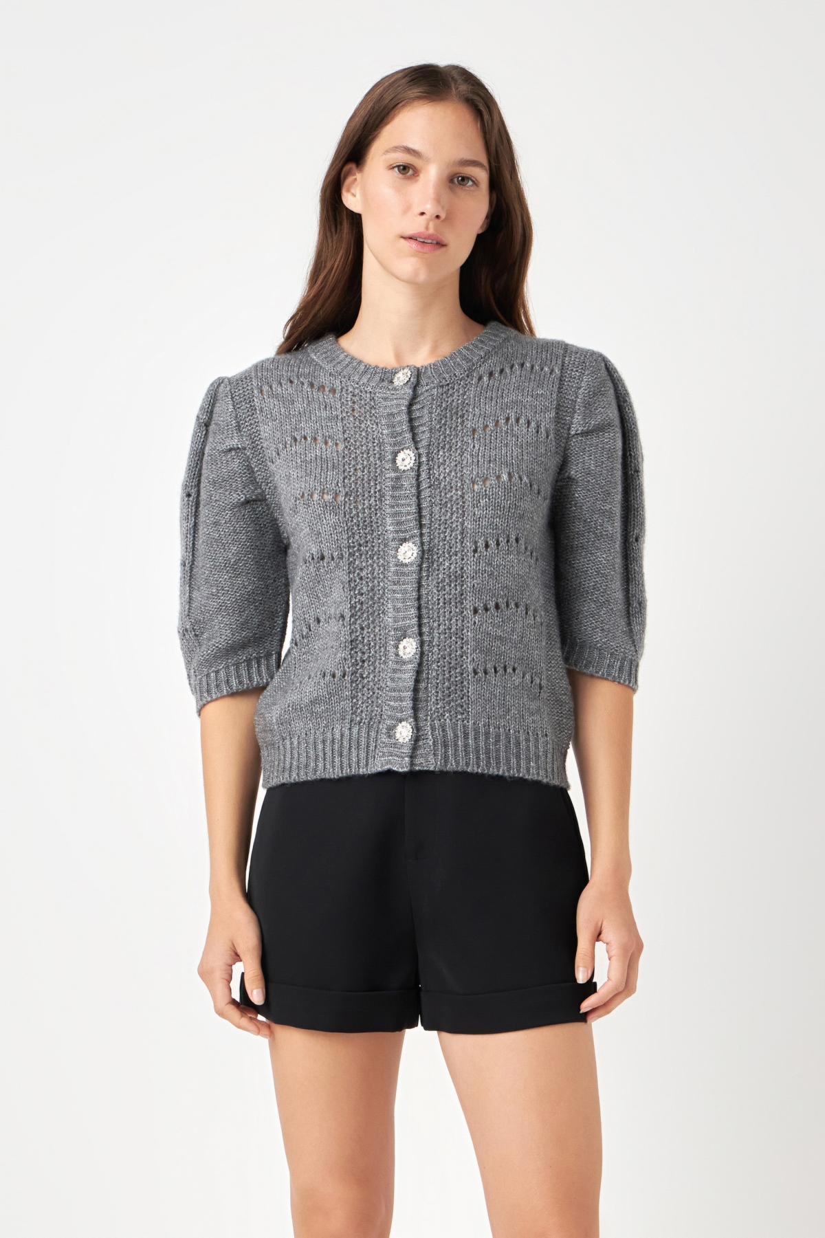 English Factory Women's Short Puff Sleeve Knit Cardigan In Grey