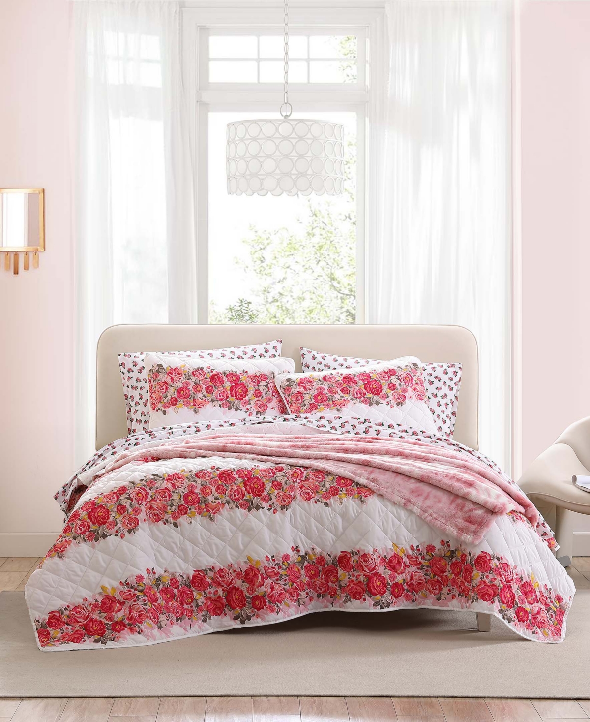 Shop Betsey Johnson Banded Floral 3 Piece Quilt Set, King In Peony Pink