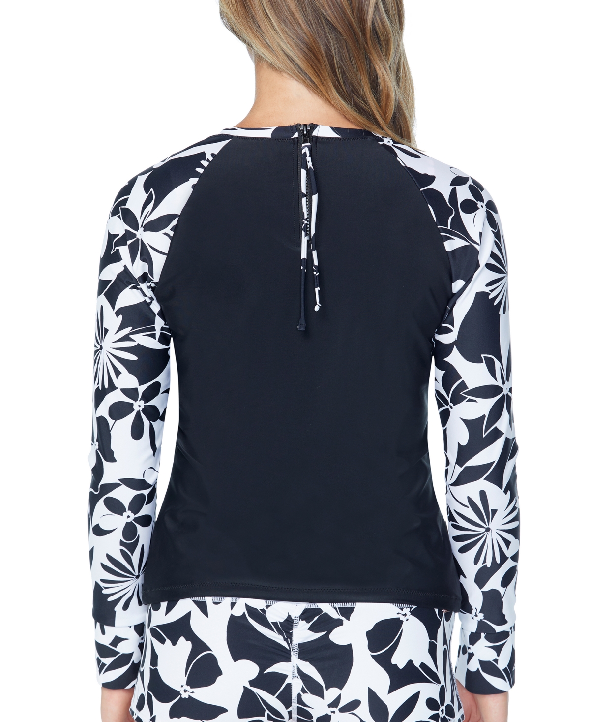 Raisins Juniors' Printed-Sleeve Back-Zip Rashguard Top -white