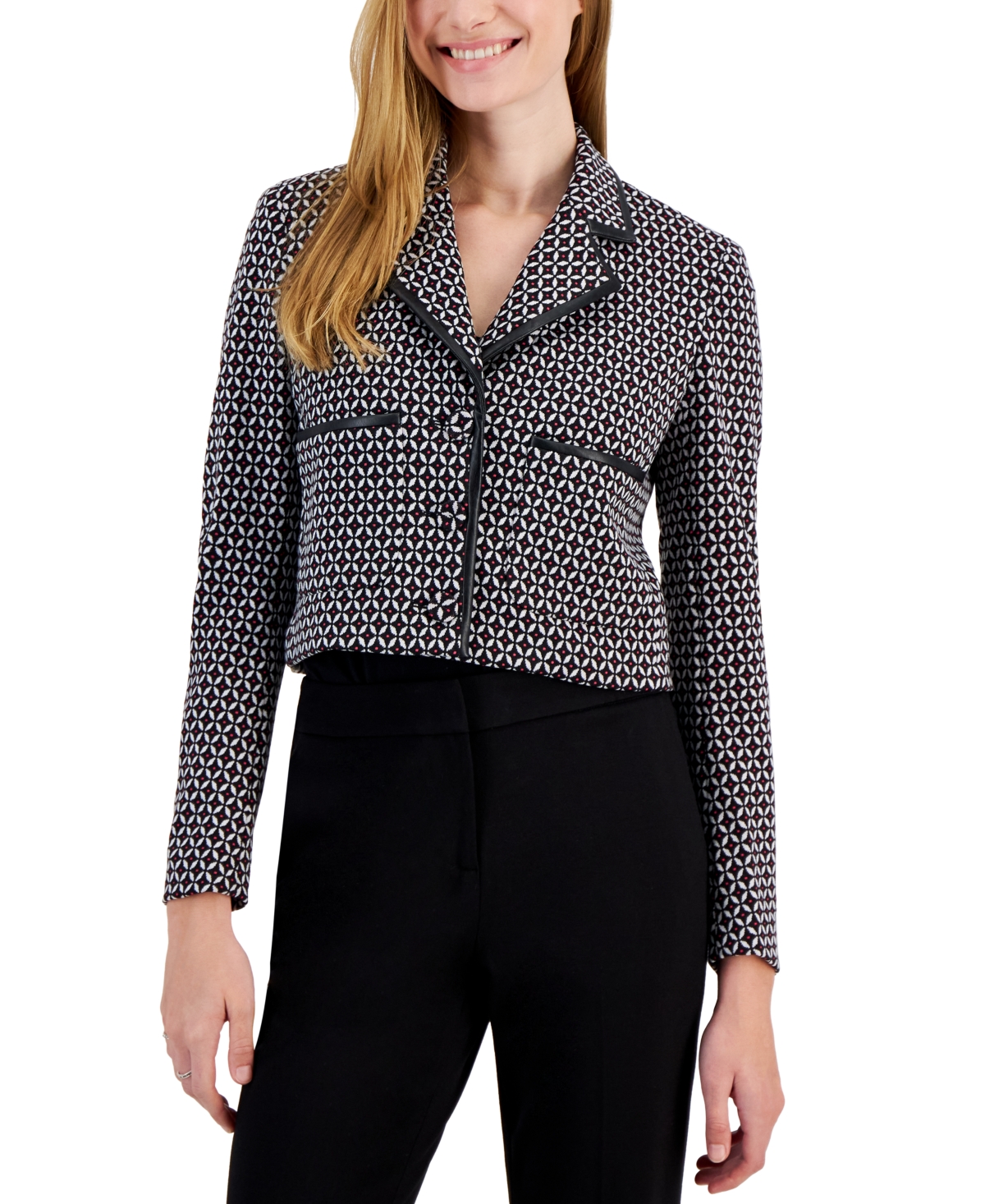 Women's Faux-Leather-Trimmed Cropped Jacket, Created for Macy's - Black Multi
