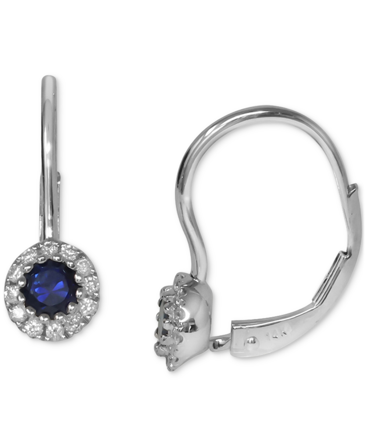 (3/8 ct. t.w.) & Diamond (1/10 ct. t.w.) Halo Leverback Drop Earrings in 14k White Gold - Sapphire