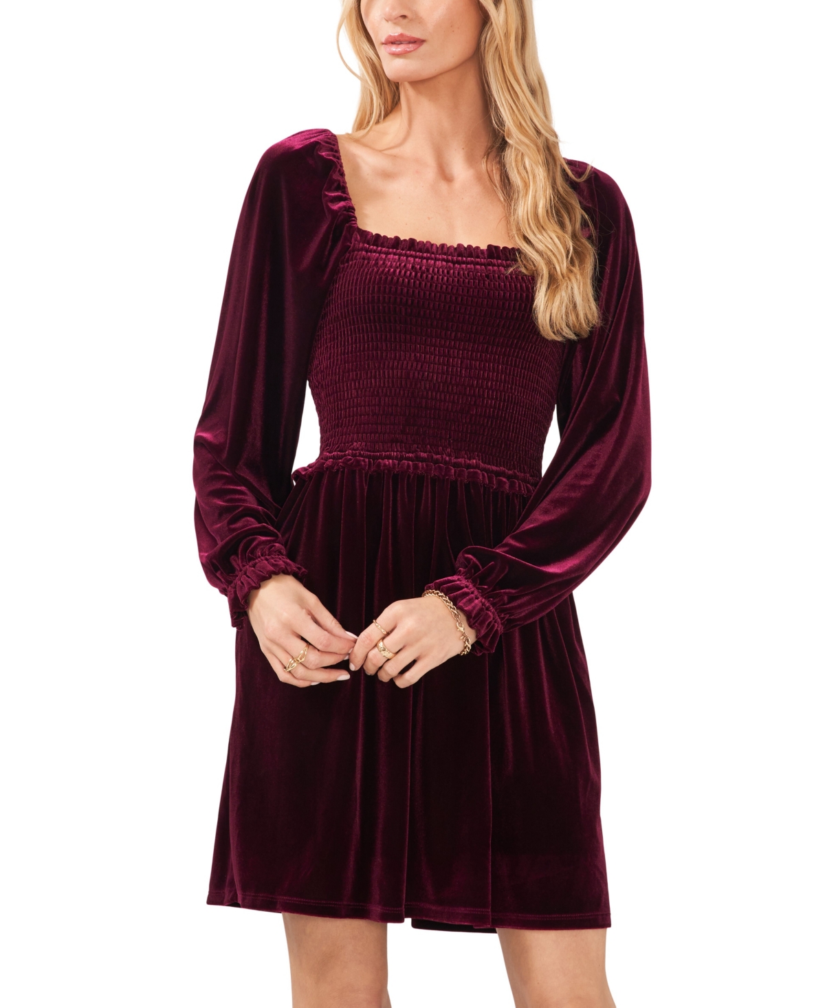 Shop 1.state Women's Velvet Smocked Bodice Long Sleeve Dress In Port