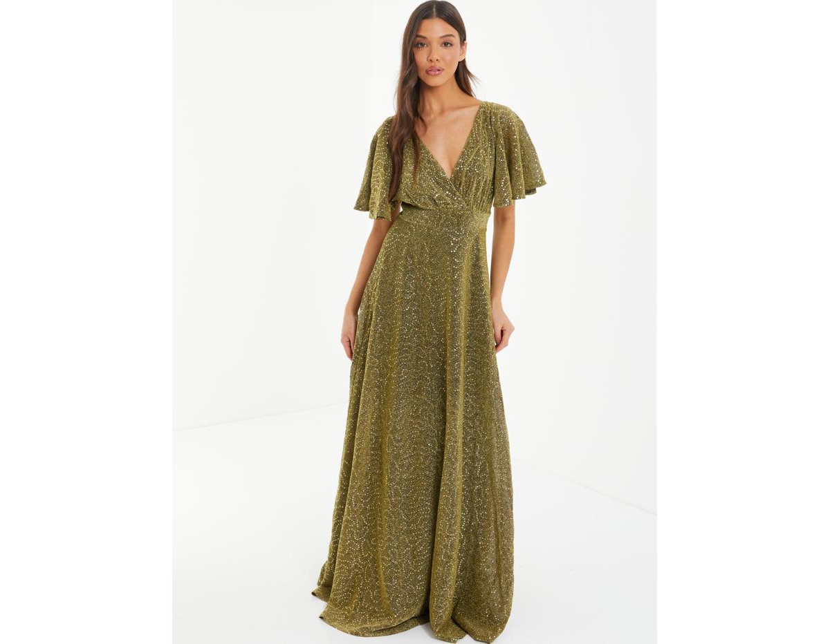 Women's Glitter Lurex Angel Sleeve Evening Dress - Gold