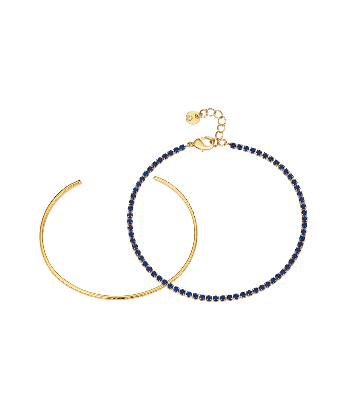 Blue Sapphire Cubic Zirconia Tennis and Cuff 2 Piece Bracelet Set - Gold