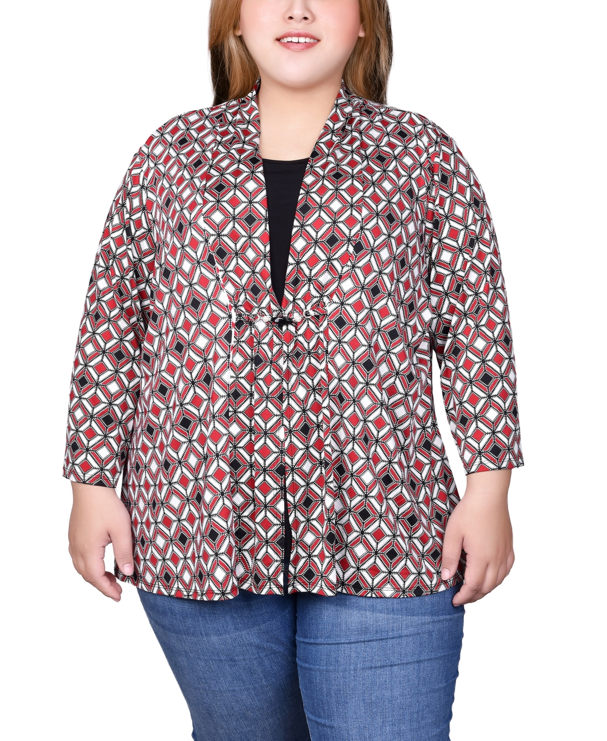 Ny Collection Plus Size Puff Print 3/4 Sleeve 2-Fer Top