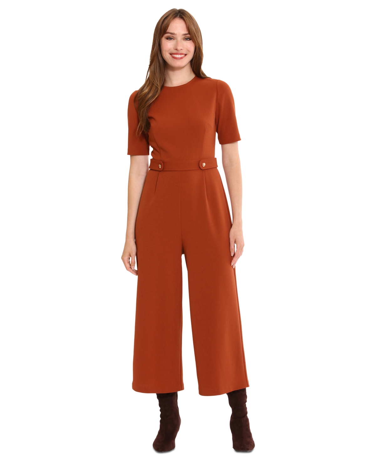 London Times Short Sleeve Waist Tab Crop Jumpsuit In Sequoia
