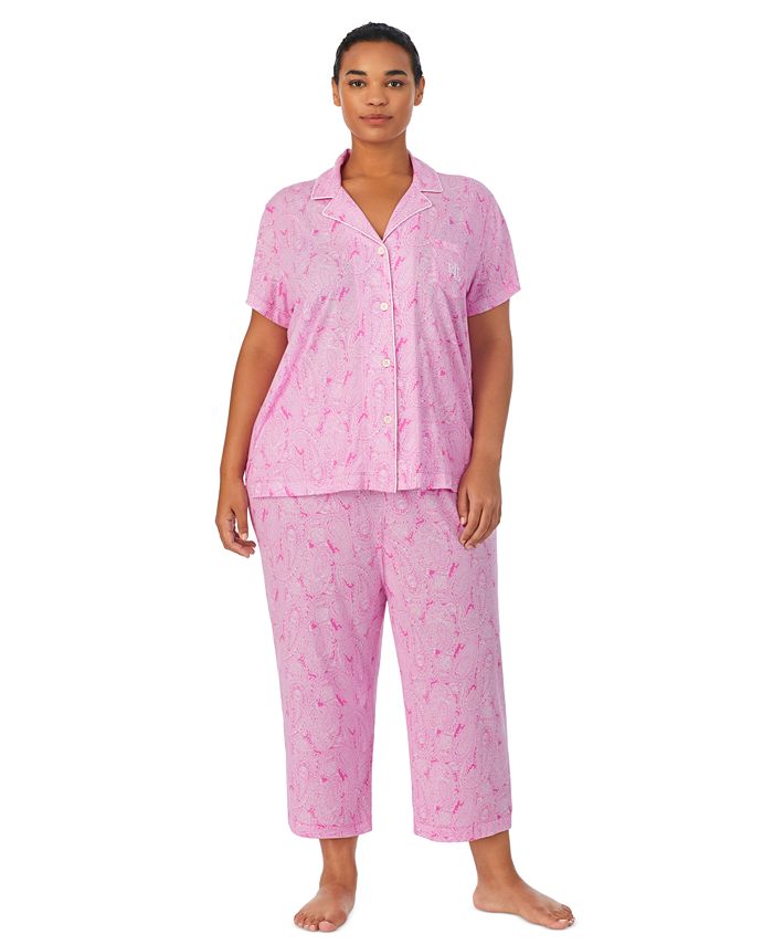 Lauren Ralph Lauren Plus Size Paisley Knit Short-Sleeve Top and Capri Pajama  Pants Set - Macy's