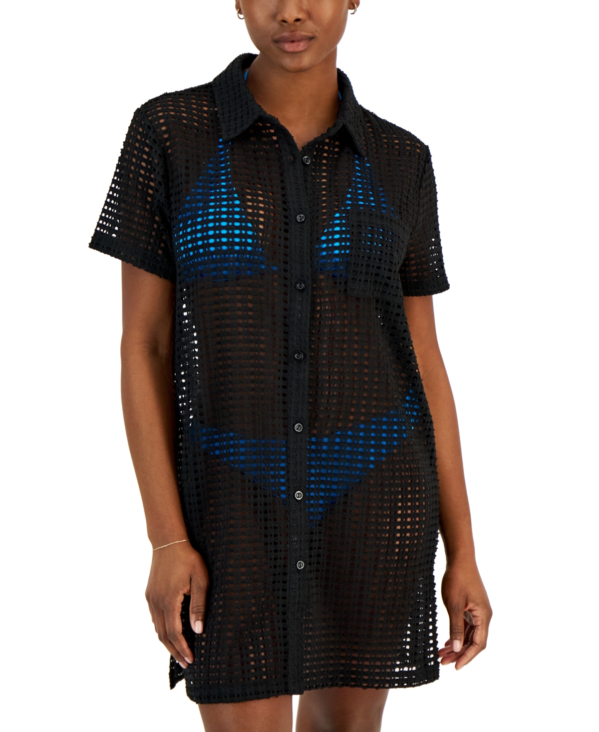 Women's Crochet Tunic Shirt Cover-Up, Created for Macy's - Black