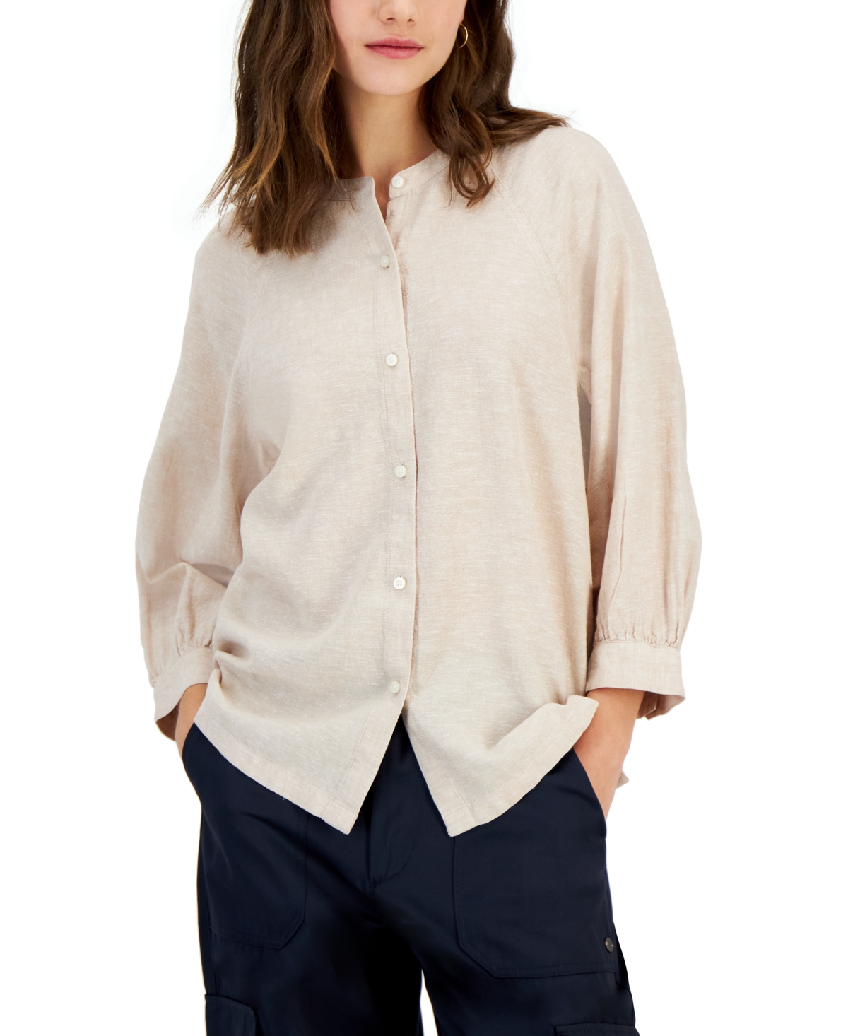 Tommy Hilfiger Women s 3 4 sleeve Band collar Top In Sand white ModeSens
