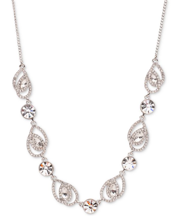 Givenchy Silver Tone Crystal Pav Pear Frontal Necklace 16
