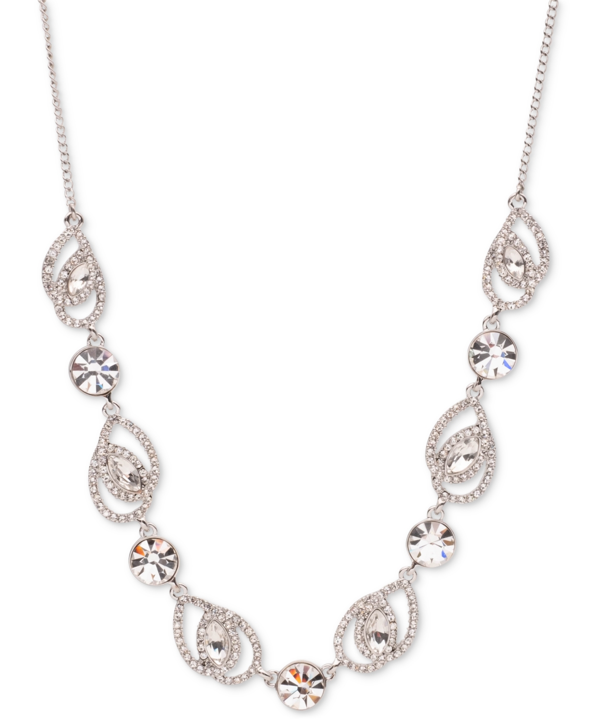 Silver-Tone Crystal Pave Pear Frontal Necklace, 16" + 3" extender - White