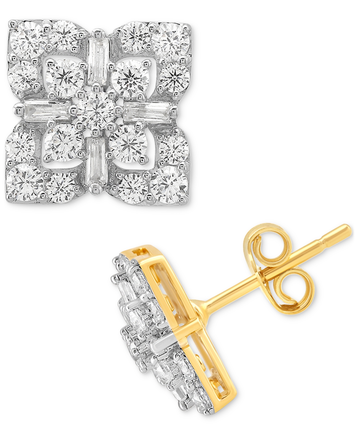 Macy's Diamond Round & Baguette Cluster Stud Earrings (1 Ct. T.w.) In 10k White Gold In Yellow Gold