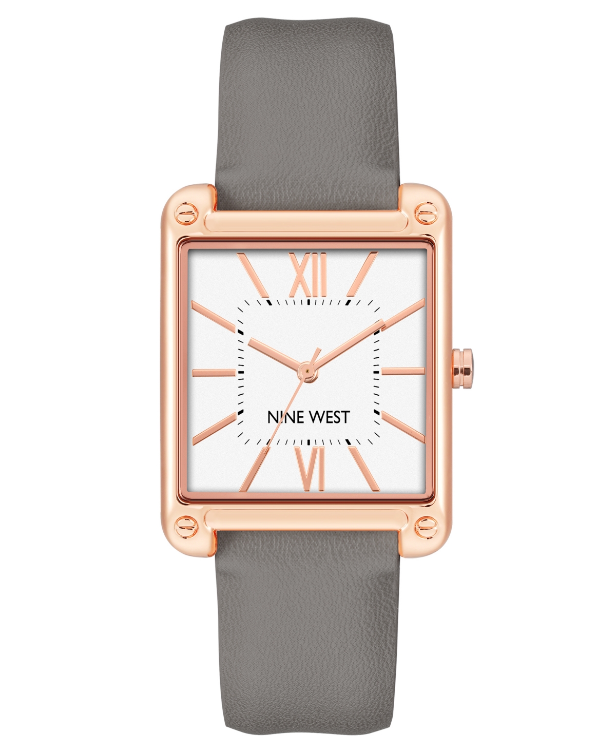 Nine West Women's Quartz Square Gray Faux Leather Band Watch, 29mm In Gray,rose Gold-tone