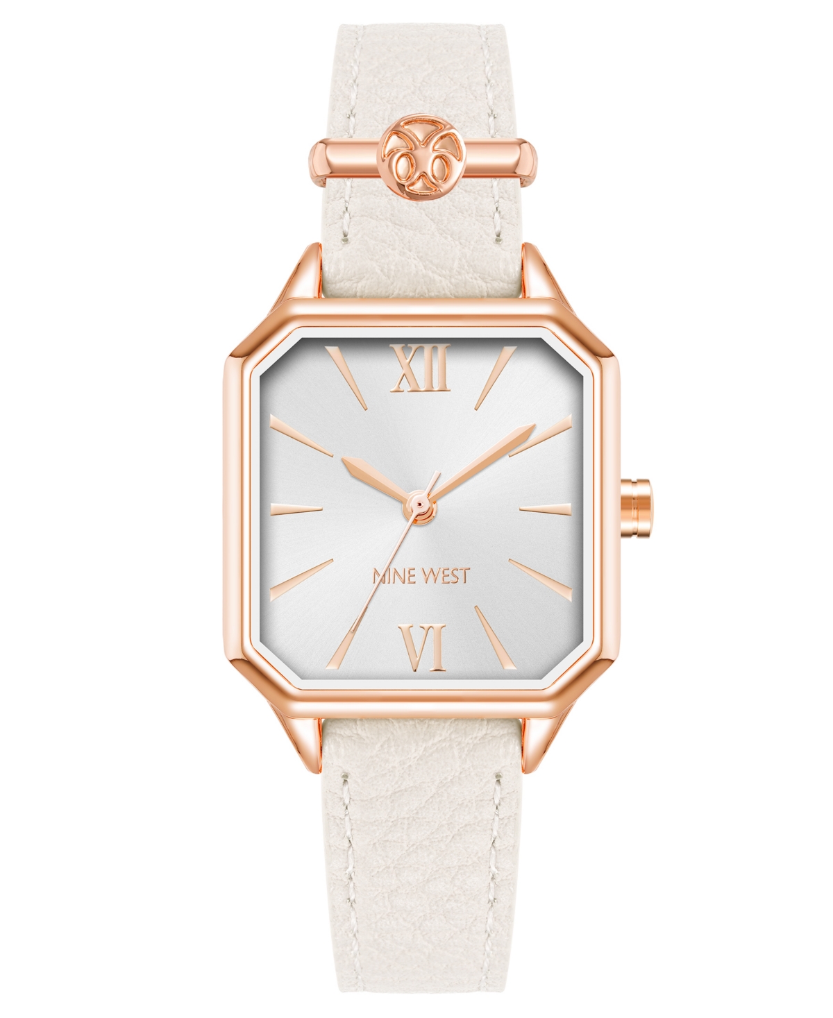 Nine West Women's Quartz Square White Faux Leather Band Watch, 27mm In White,rose Gold-tone