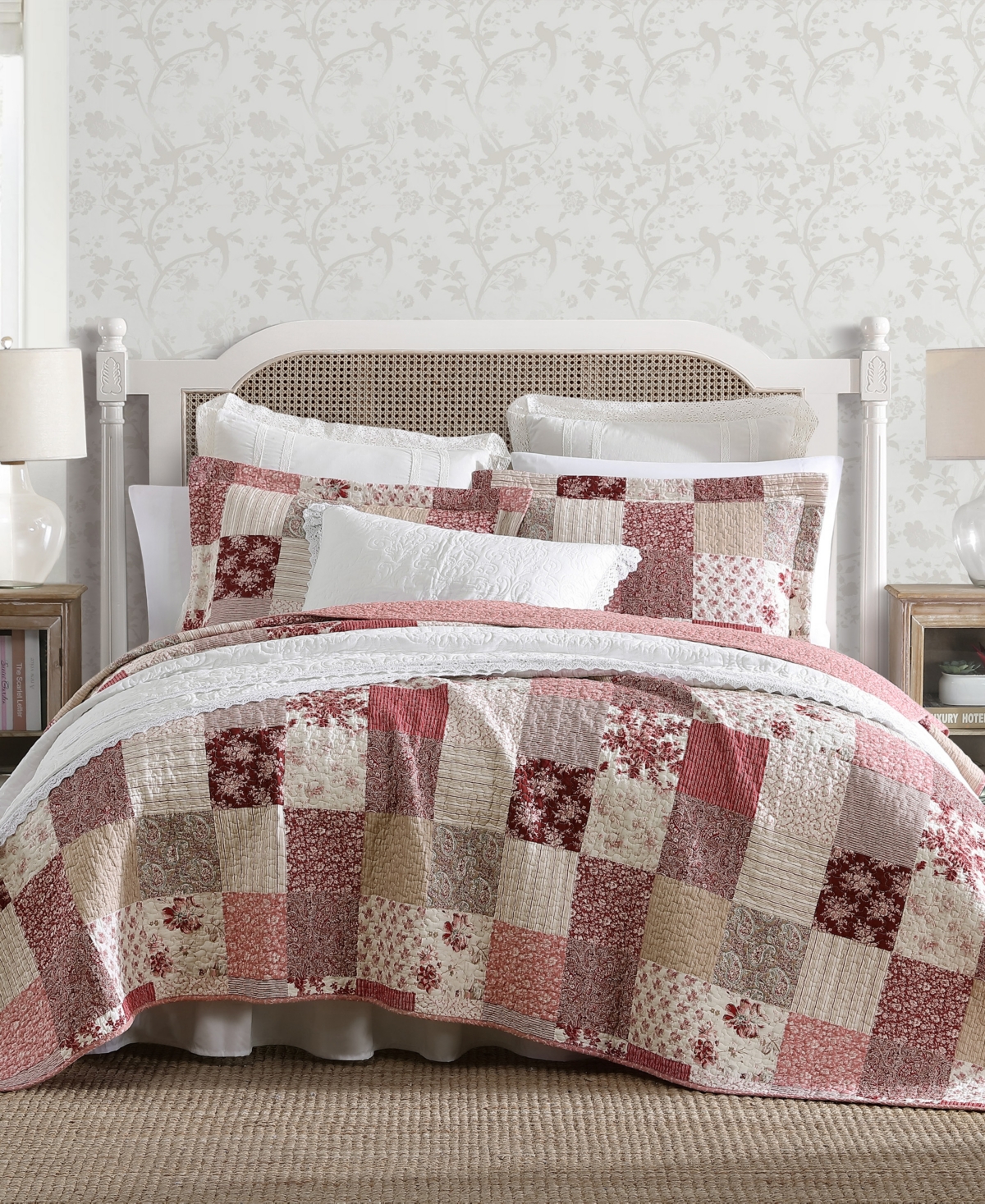 Laura Ashley Celina Patchwork Cotton Reversible 2-piece Quilt Set, Twin In Cranberry,biscuit