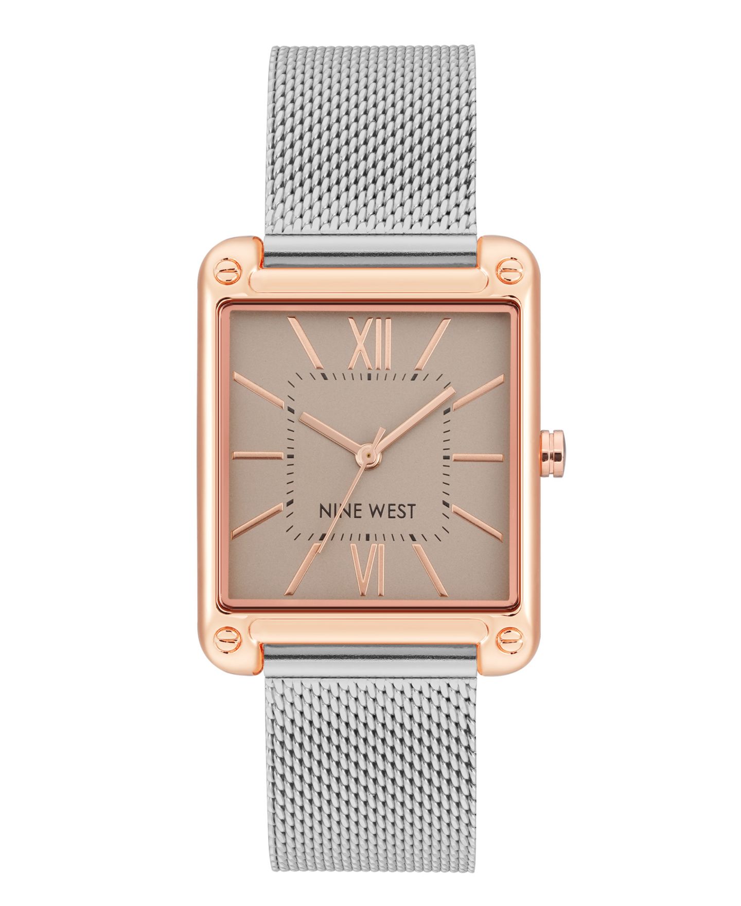 Женские часы Nine West Quartz Rectangular Silver-Tone Stainless Steel Mesh Band Watch, 29mm — фото 1