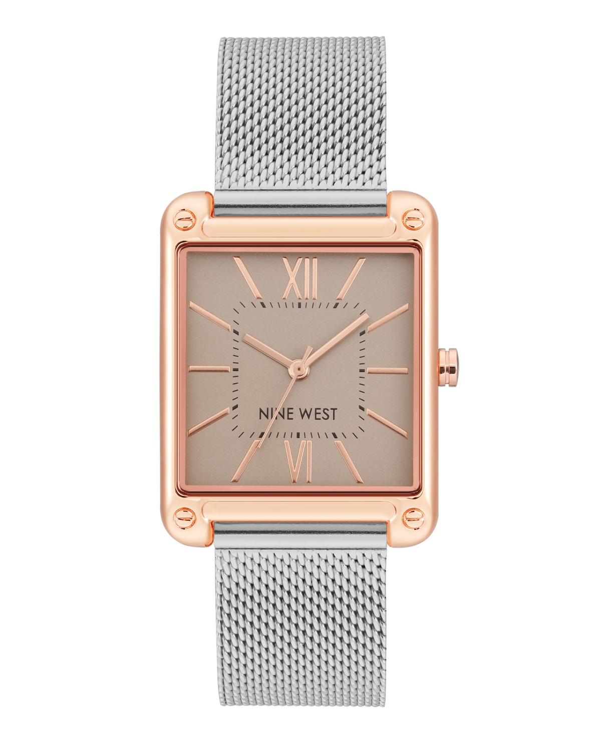 Nine West Women's Quartz Rectangular Silver-tone Stainless Steel Mesh Band Watch, 29mm In Silver-tone,rose Gold-tone