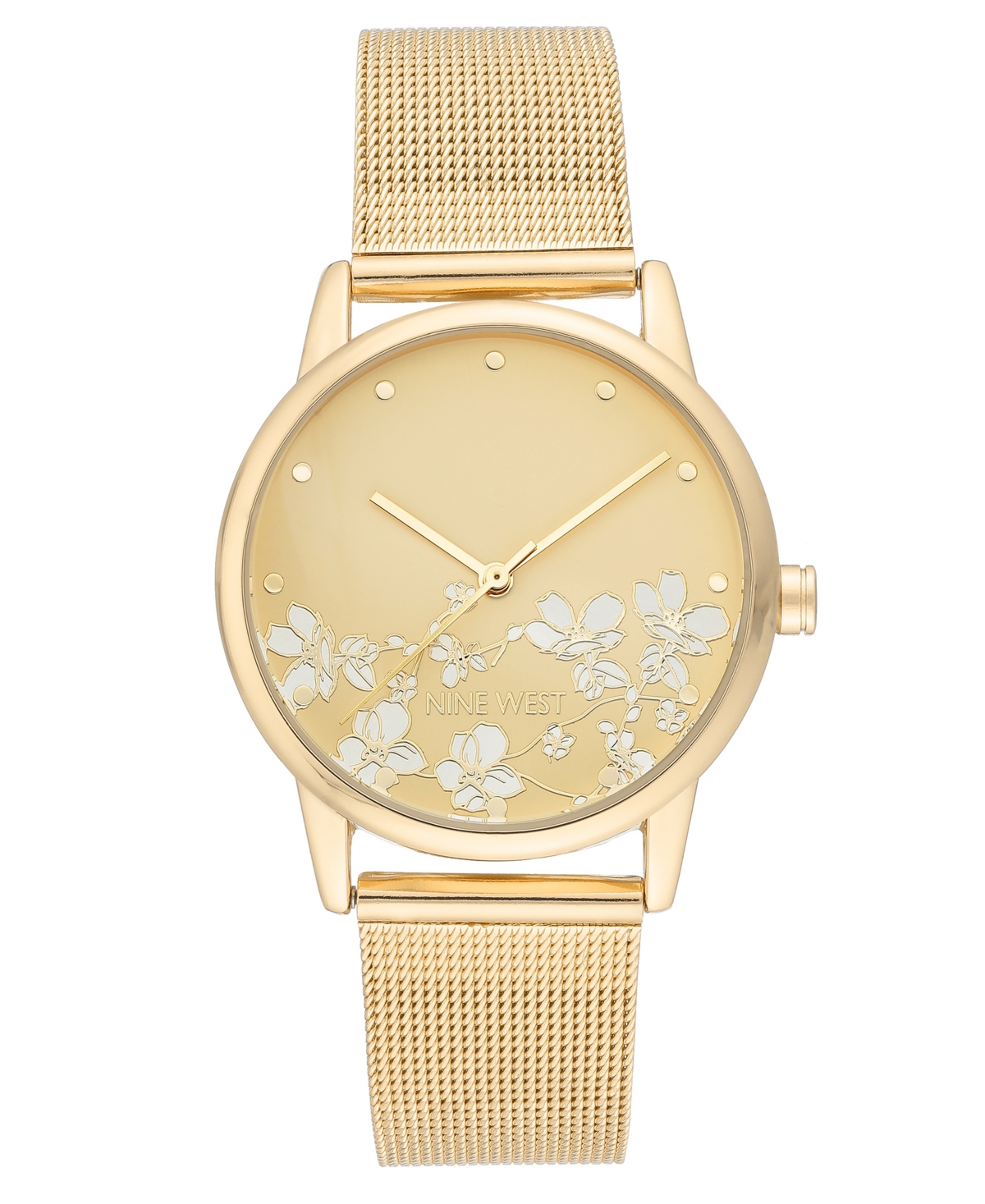Nine West Women's Quartz Gold-tone Stainless Steel Mesh Band And Flower Pattern Watch, 35mm