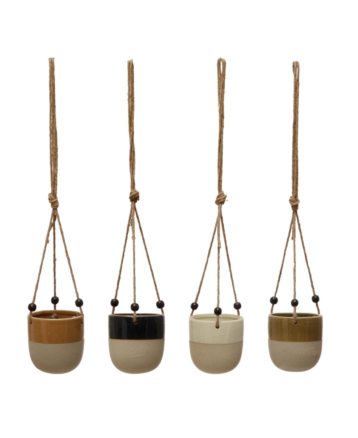 Set of 4, 4.5" H Stoneware Planter with Bead Hanger, 4 Styles - Multicolored