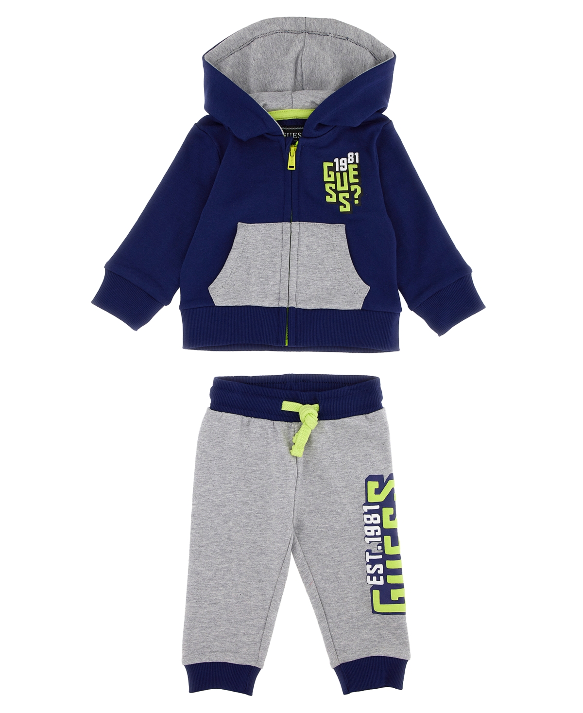 Guess Baby Boys French Terry Screen And Puff Print Logo Zip Up Sweatshirt And Joggers, 2 Piece Set In Blue