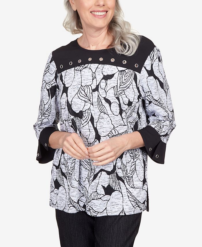 Alfred Dunner Women's Floral Jacquard Knit Top - Short Sleeve With Ribbed Trim, Classic Pullover For Casual Wear