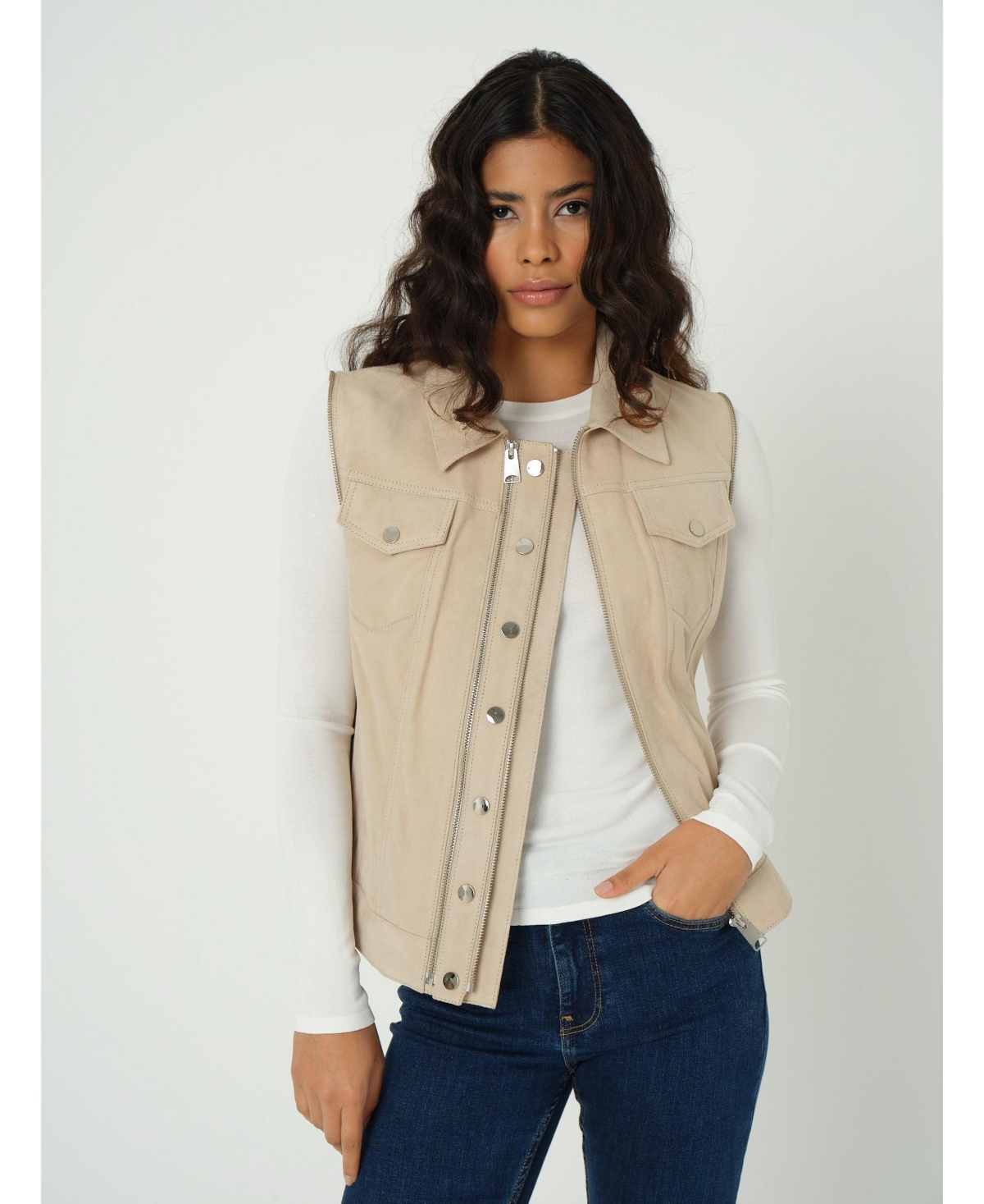 Furniq Uk Women's Detachable Sleeves Suede Biker Jacket and Waistcoat,- Beige