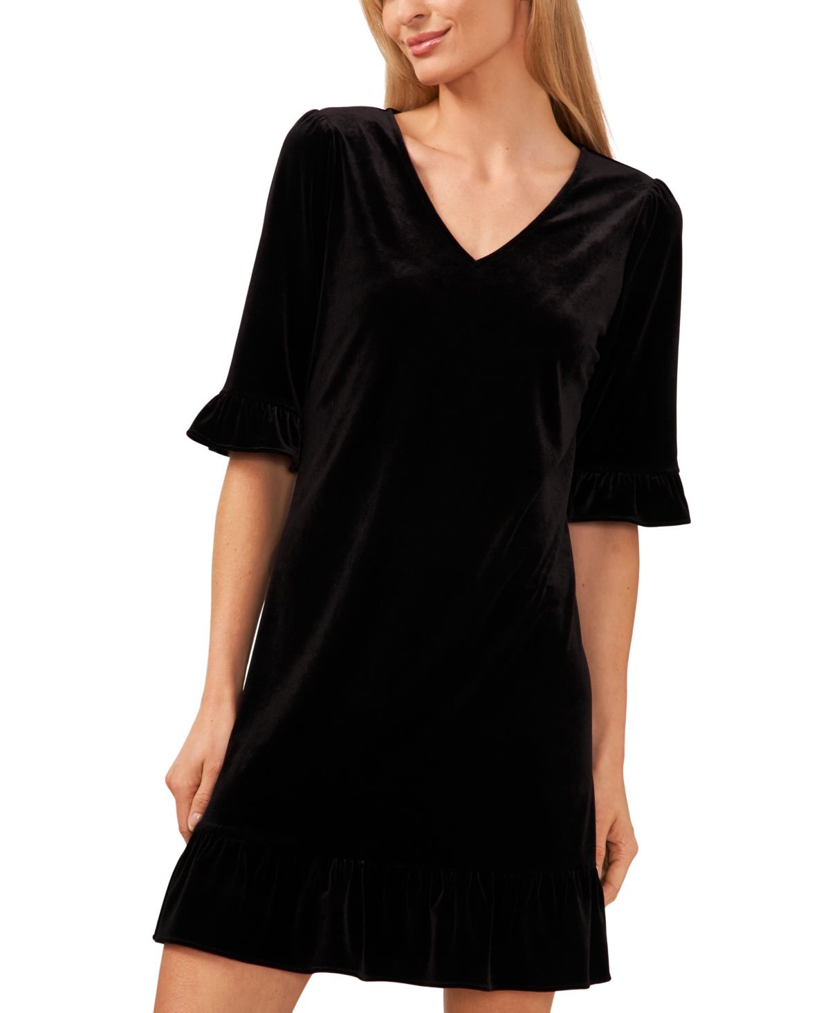 Shop Cece Women's Velvet 3/4-sleeve Ruffle Trim Shift Dress In Rich Black