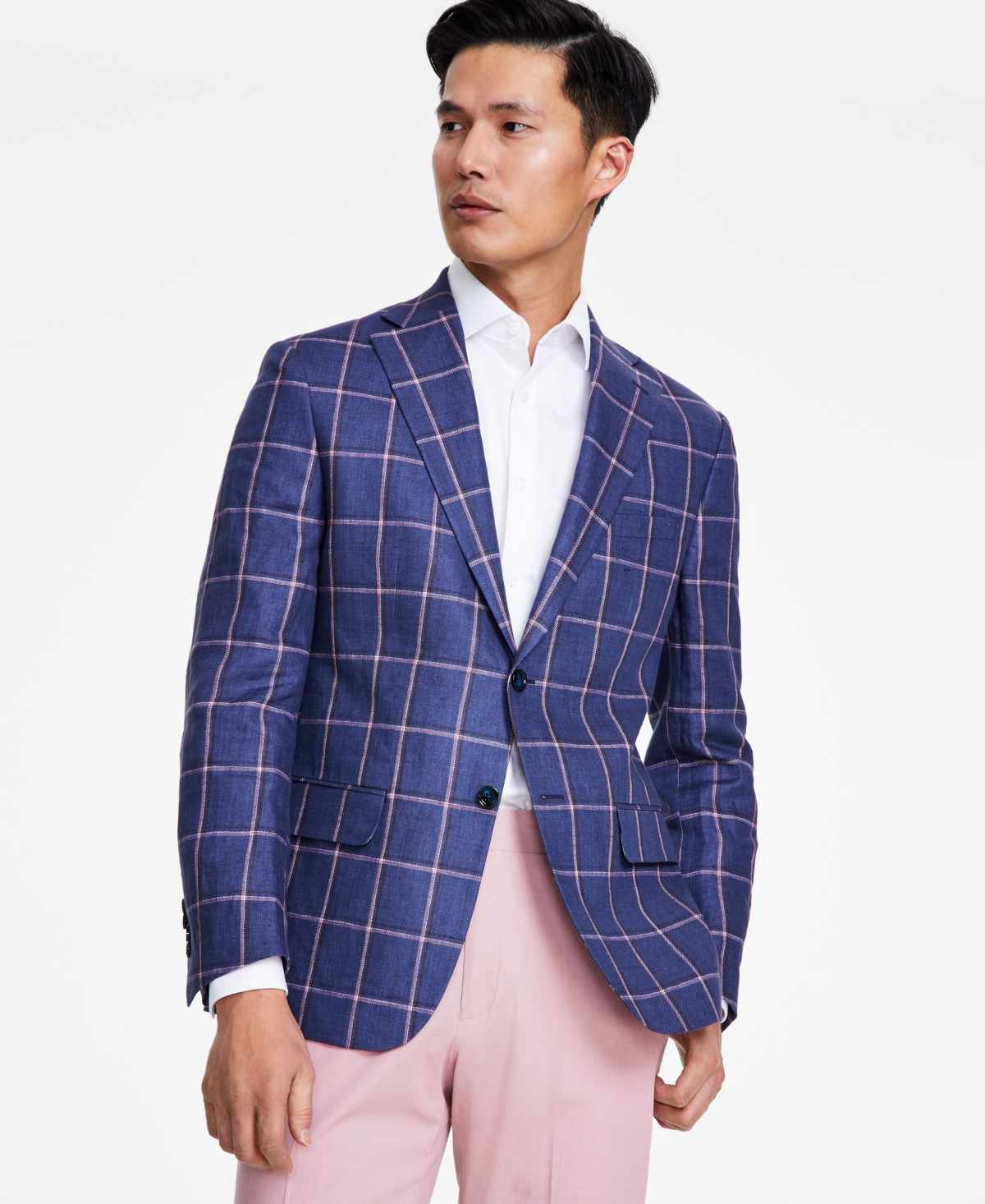 Shop Tallia Men's Slim-fit Plaid Linen Sport Coat In Navy,pink