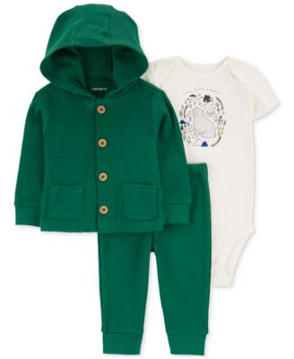 Carter's - Baby Boys 3-Pc. Thermal Waffle-Knit Hooded Cardigan; Printed Bodysuit & Pants Set