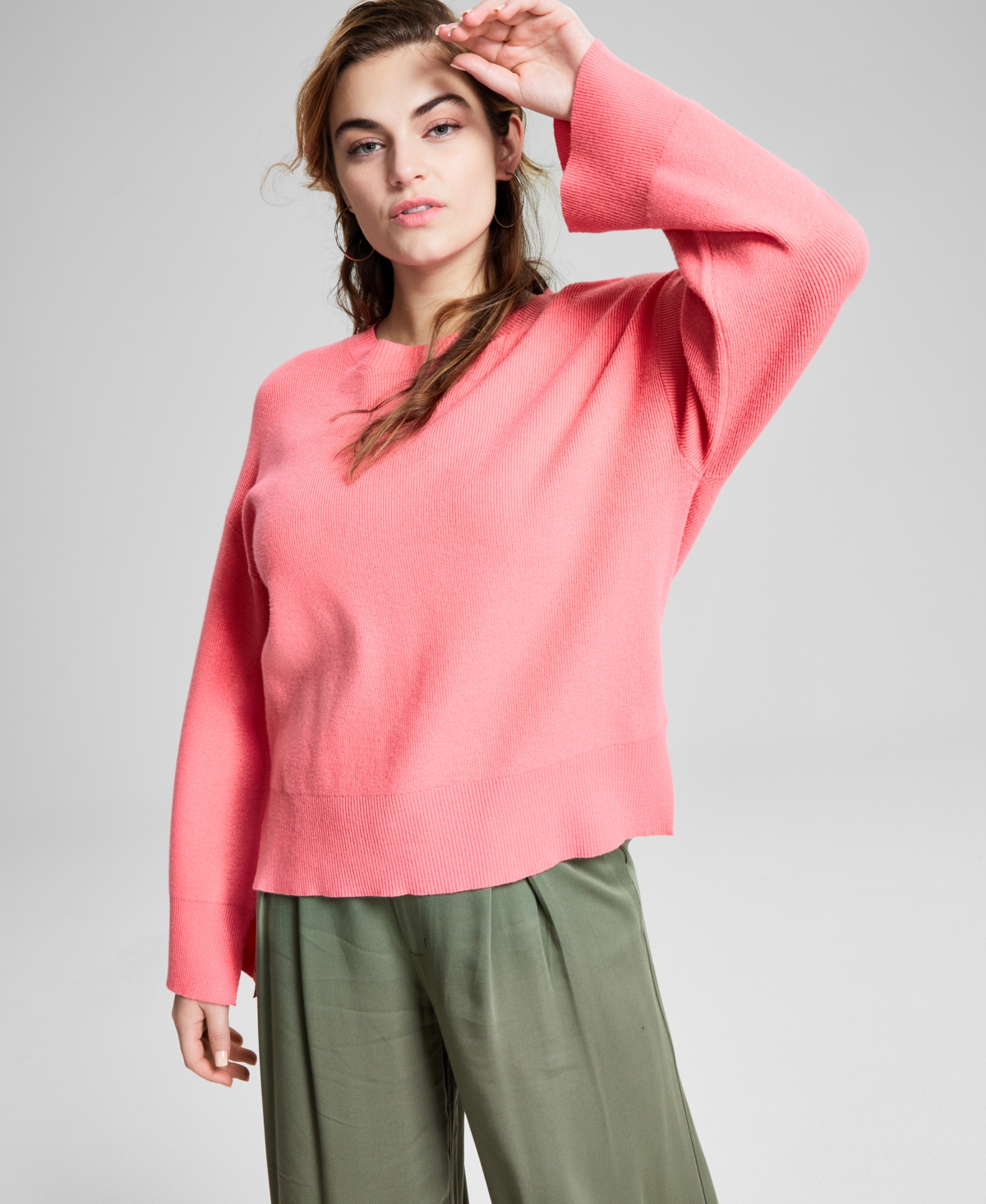 And Now This Women's Striped Crewneck Split-cuff Sweater, Created For Macy's In Fresh Coral