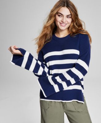 Women's Striped Crewneck Split-Cuff Sweater, Created for Macy's