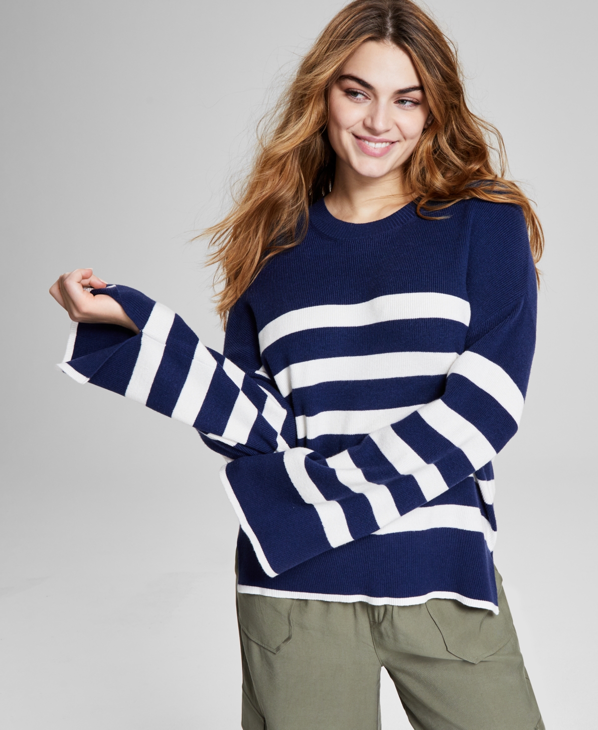 And Now This Women's Striped Crewneck Split-cuff Sweater, Created For Macy's In Navy Stripe