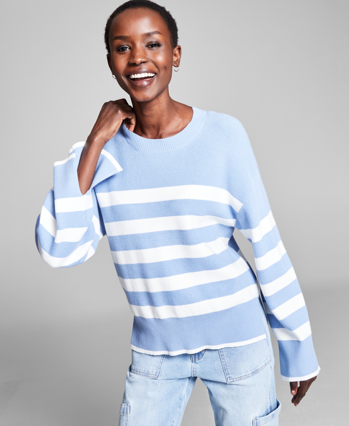 And Now This Women's Striped Crewneck Split-cuff Sweater, Created For Macy's In Light Blue Stripe
