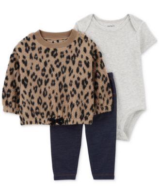 Carter's - Baby Girls Leopard Faux-Sherpa Top, Bodysuit and Pants, 3 Piece Set