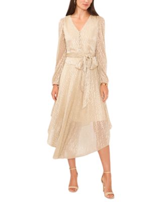 Vince Camuto - Women's Belted Sheer-Sleeve Metallic Dress