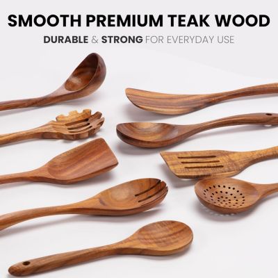 9-Piece Natural Teak Wooden Utensils for Cooking
