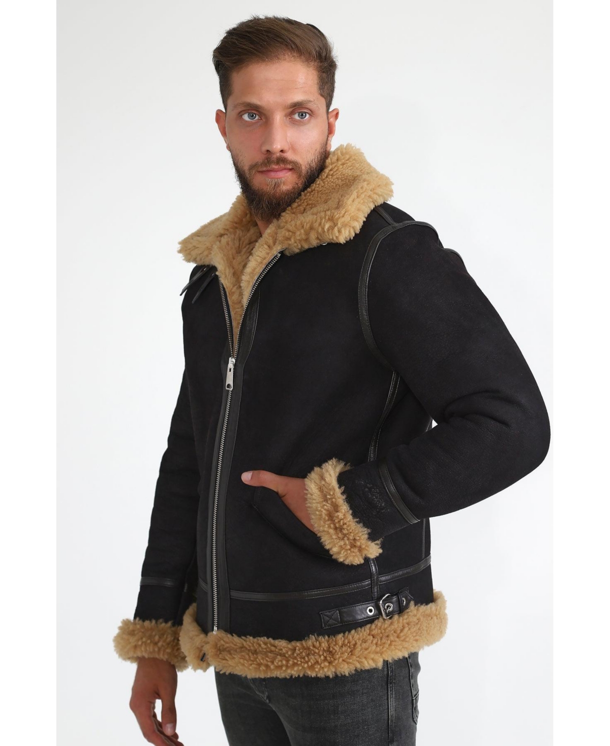 Furniq Uk Men's Shearling Aviator Jacket, Washedwith Ginger Curly Wool - Brown