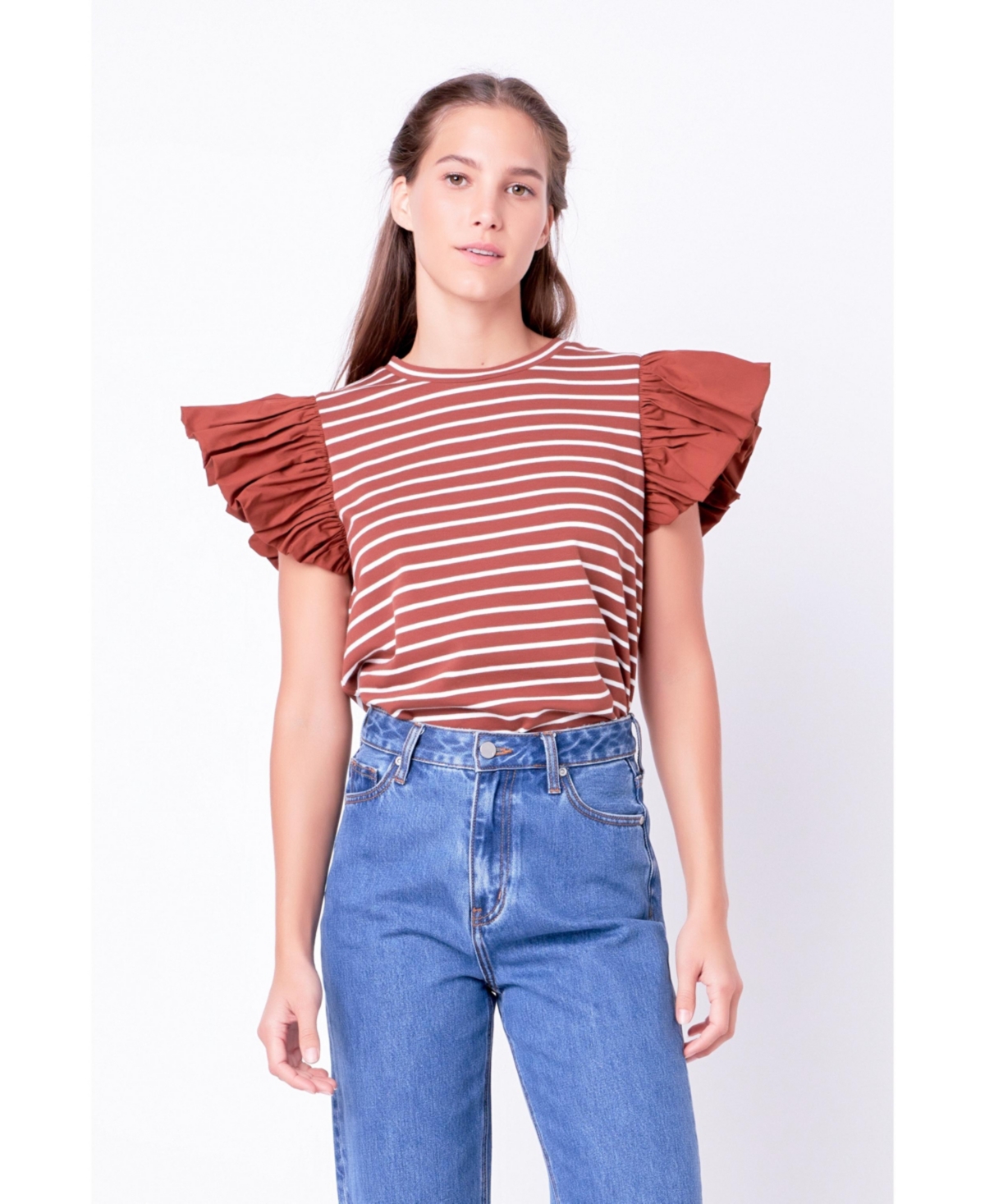 Women's Stripe Knit with Poplin Puff Sleeve Top -white