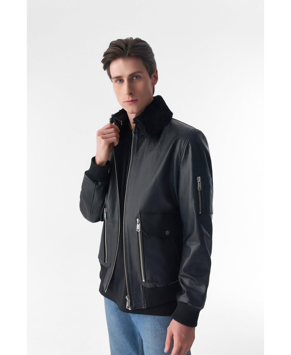 Furniq Uk Men's Detachable Shearling Collar Leather Jacket, Jumbo- Black