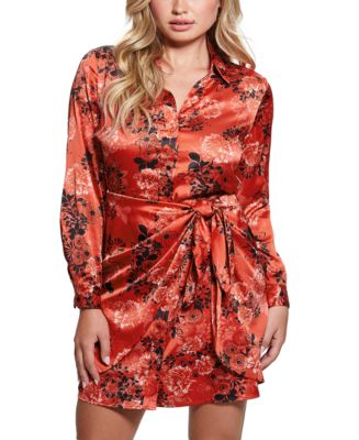 Printed Tie Waist Long Sleeve Dress