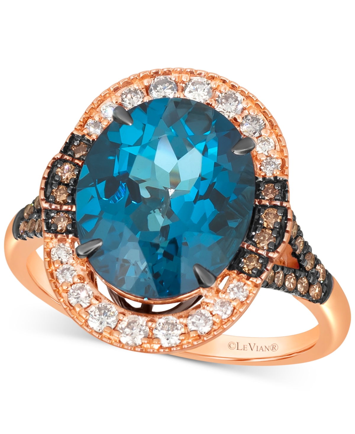 Le Vian Deep Sea Blue Topaz (5 Ct. T.w.) & Diamond (1/2 Ct. T.w.) Halo Ring In 14k Rose Gold In K Strawberry Gold Ring