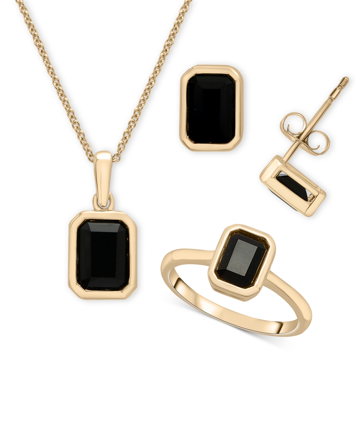 Macy's 3-pc. Set Onyx Octagon Pendant Necklace, Ring & Stud Earrings In 14k Gold-plated Sterling Silver