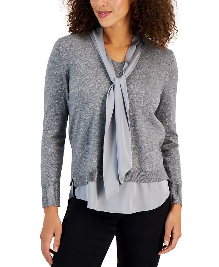 Anne Klein Petite Metallic Tie-Neck Layered-Look Sweater - Macy's