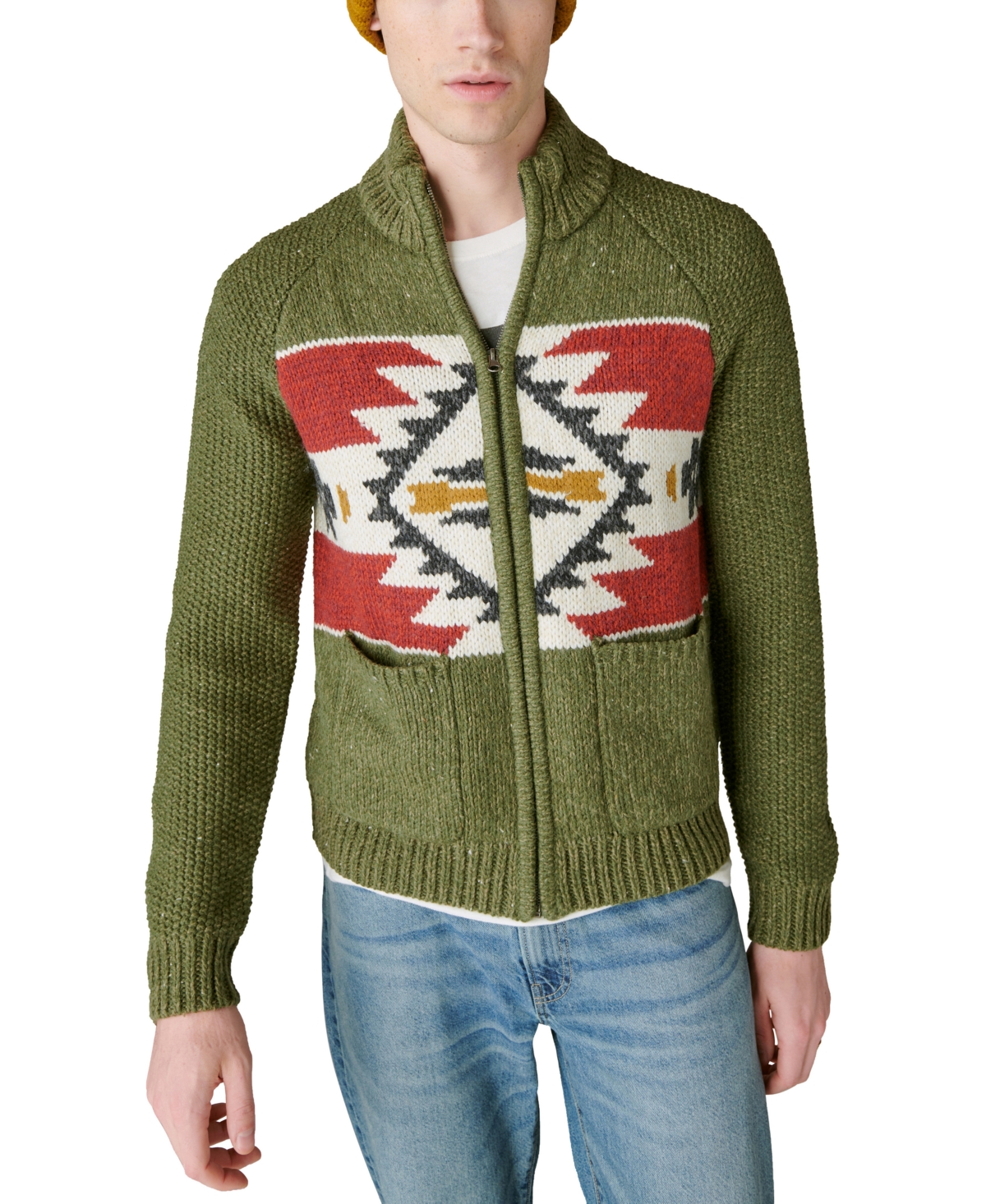 Shop Lucky Brand Men's Southwestern Zip-front Bomber Sweater In Olive Multi