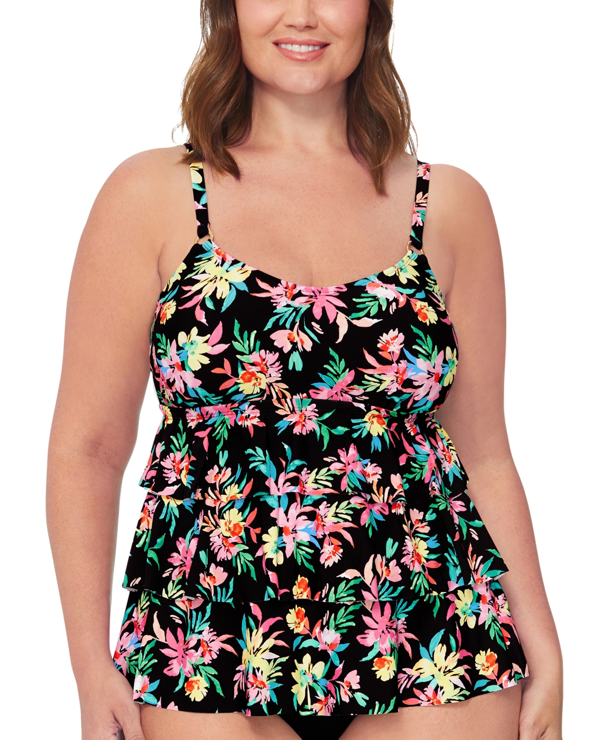 Plus Size Floral-Print Tiered Tankini Top, Created for Macy's - Black Multi