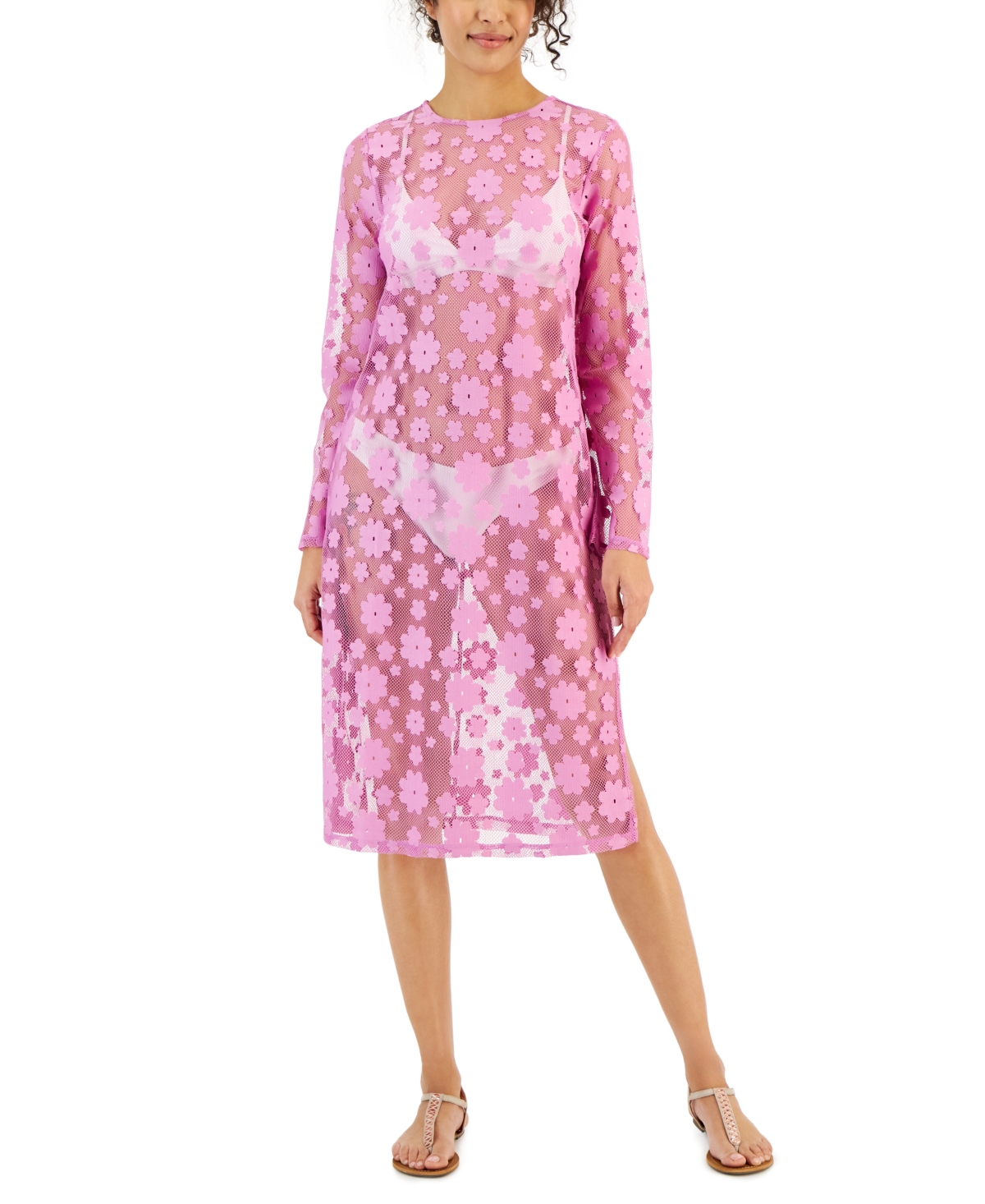 Women's Crochet Long-Sleeve Tunic Cover-Up, Created for Macy's - Violet Sunset