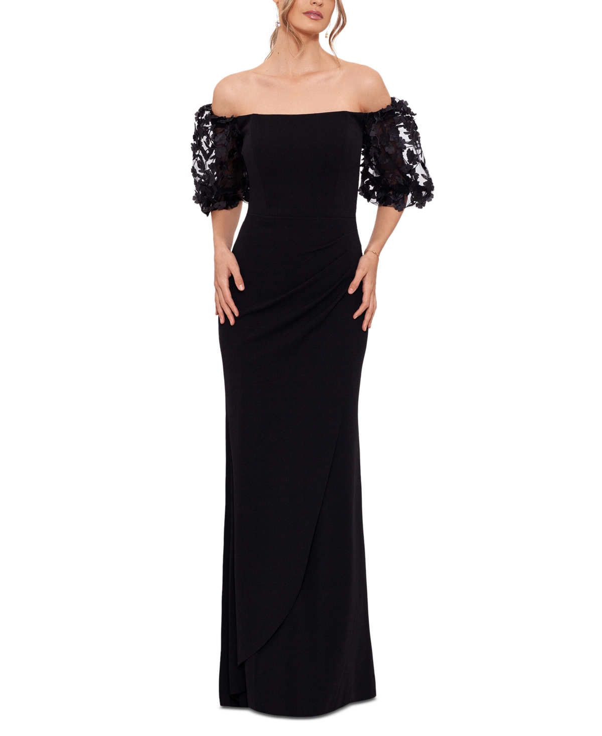 Xscape Petite Off-the-shoulder Balloon-sleeve Mermaid Gown In Black