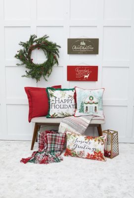 Seasons Greetings Poinsettia Printed and Embroidered Christmas Throw Pillow, 14" x 22"