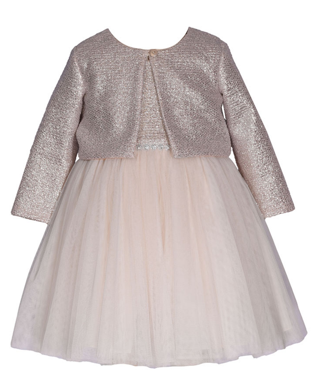 Bonnie Baby Baby Girls Long Sleeved Foiled Knit Cardigan Over Ballerina Dress In Taupe